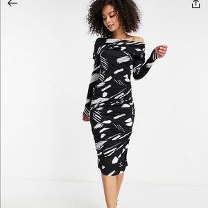ASOS DESIGN Tall Off Shoulder Ruched Sleeve Midi Dress in Mono Smudge Print